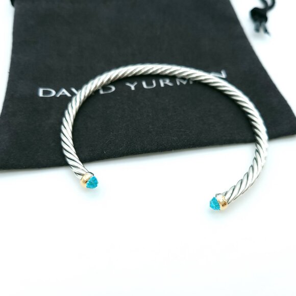 David Yurman Sterling Silver & 14k Gold 4mm Flex Blue Topaz Cable Bracelet 7inch - Picture 1 of 8